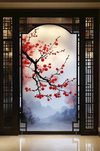 中式屏风上的红梅山水图