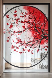 中式圆框红梅装饰画