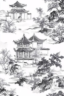 中式古典亭台楼阁水墨画