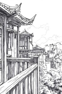 中式楼阁景致手绘素描图