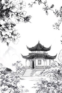 中式园林景致黑白水墨画