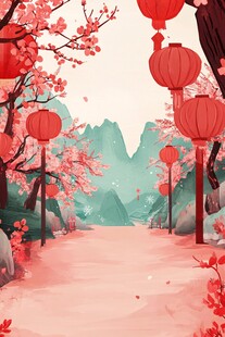 春日红灯映繁花山水景