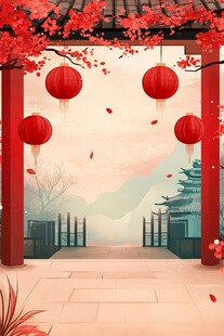 古风庭院红灯笼春日景致