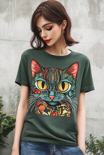 个性猫咪印花绿色女士T恤