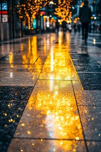 雨夜街道灯光璀璨倒影