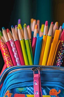 多彩铅笔装于蓝色书包中