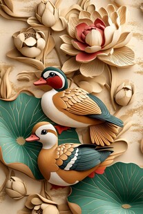 木雕鸳鸯戏荷图