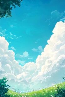 梦幻蓝天草地与云朵景象