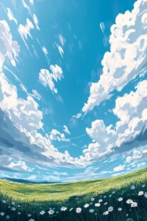 梦幻蓝天绿野花朵风景图