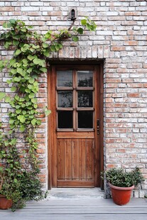 复古砖墙木门绿植景致