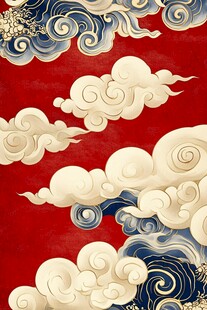 中式红底云纹海浪图案