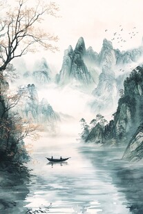 水墨山水间的孤舟逸景