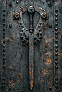 古老铁门嵌齿轮剑装饰