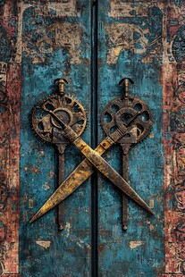 复古蓝门与交叉旧钥匙