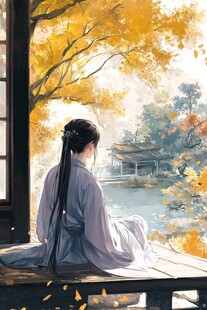 女子倚栏赏秋景