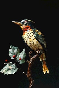 彩色鸟栖于带果枝叶上