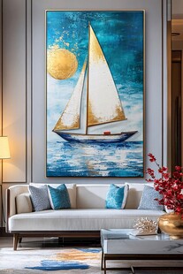 帆船海景油画装饰客厅一角