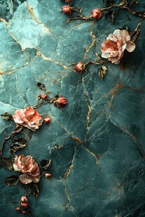 绿纹大理石上的娇艳花卉