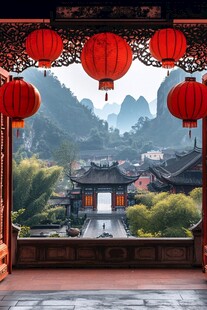 古宅红灯笼下的山水景致