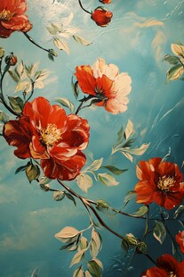 蓝底绽放的艳丽花卉油画