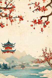 中式古典美景 红梅与楼阁