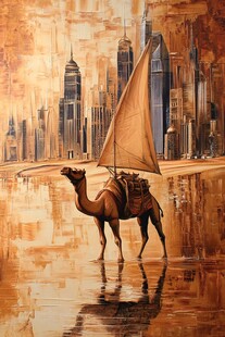 沙漠骆驼与现代都市奇幻图景