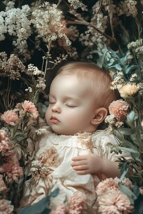 花丛中安睡的可爱小宝贝