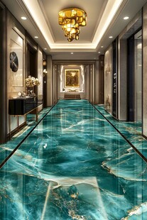 奢华走廊 蓝绿大理石地面之美