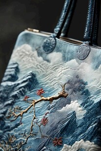 中式刺绣山水图案手提包