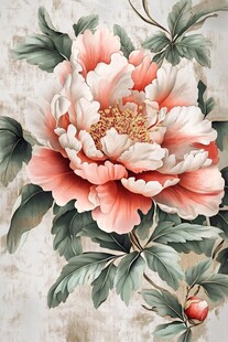 手绘娇艳盛开的粉色牡丹花