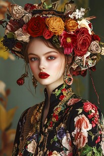 头戴繁花的复古风女子