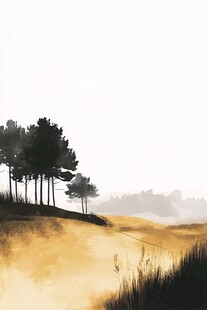 雾中松林的静谧原野风光