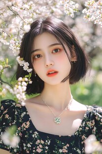 春日繁花下的清新少女
