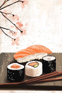 日式寿司与烂漫樱花场景