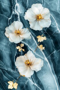 蓝底白花大理石纹花卉图