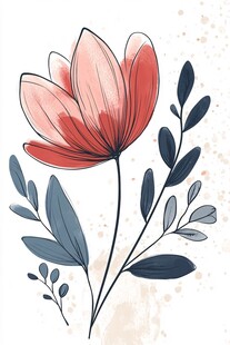 手绘粉色花朵与枝叶插画