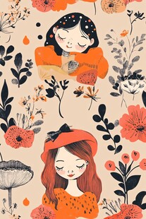 梦幻女孩与花卉插画图案