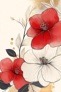 手绘花卉插画 红白花朵绽放