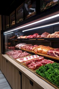 超市鲜肉展示柜的丰富肉类