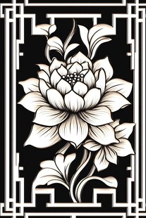 中式黑白莲花雕花图案