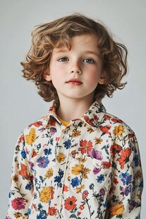 卷发萌娃身着花卉印花衬衫