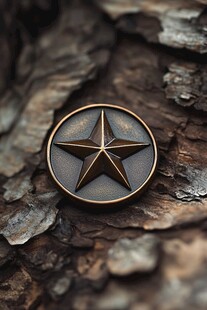 复古星形徽章置于树皮上