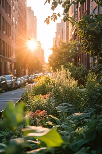 夕阳下城市街道的绿植美景