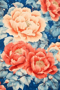 蓝色底艳丽牡丹花卉图案