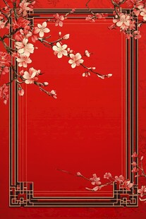 红底中式桃花边框背景图