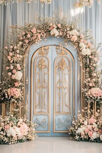 梦幻蓝金花卉拱门婚礼场景