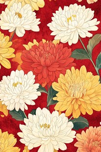 1 红底多彩菊花图案纹理