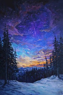 雪夜山林间的梦幻星空