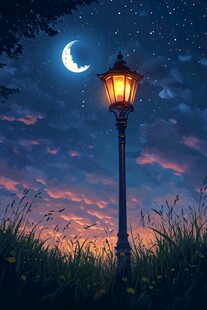 月夜下的温馨路灯