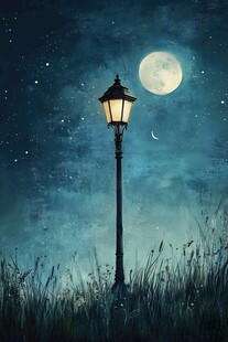 月夜下的孤独路灯